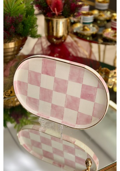 Damalı Pembe Oval Sunum Tepsi modelleri