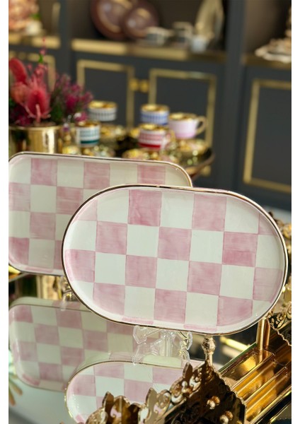 Damalı Pembe Oval Sunum Tepsi fırsatları