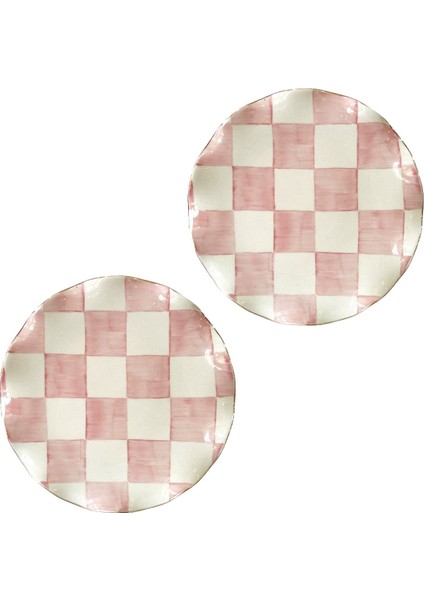 Damalı Pembe 2'li Pasta Tabağı