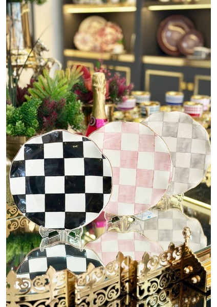 Damalı Pembe 2'li Pasta Tabağı modelleri