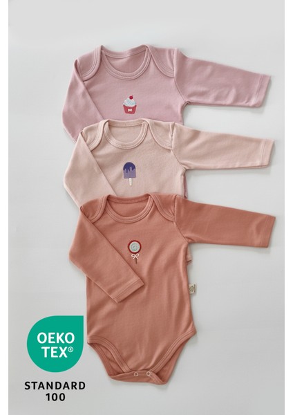 Candy 3lü %100 Pamuk Nakışlı Uzun Kol Bebek Body Set