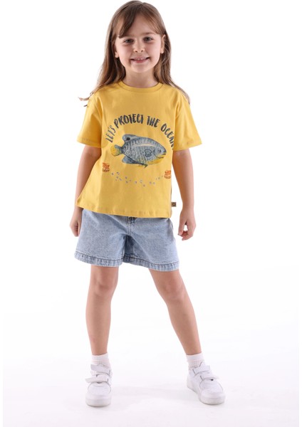 Organik Sarı Baskılı Yazlık Kız Çocuk Tshirt