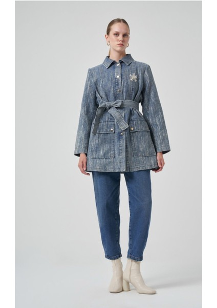 6016 Taş Işli Önden Çıtçıtlı Kuşaklı Denim Kap