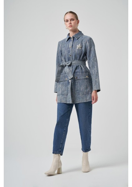 6016 Taş Işli Önden Çıtçıtlı Kuşaklı Denim Kap fiyatları