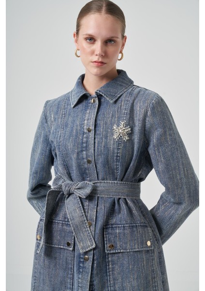 6016 Taş Işli Önden Çıtçıtlı Kuşaklı Denim Kap modelleri