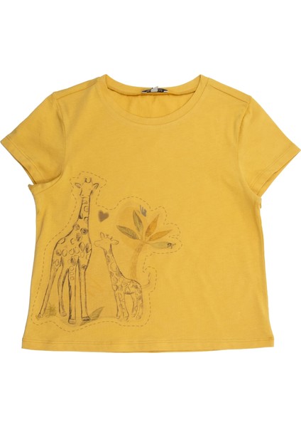 Organik Zürafa Baskılı Sarı Yazlık Kız Çocuk Tshirt