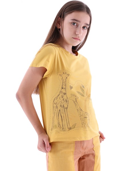 Organik Zürafa Baskılı Sarı Yazlık Kız Çocuk Tshirt fiyatları
