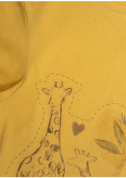Organik Zürafa Baskılı Sarı Yazlık Kız Çocuk Tshirt modelleri