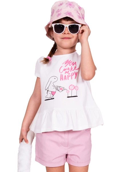 Kabartma Baskılı Beyaz Yazlık Kız Çocuk Tunik Tshirt