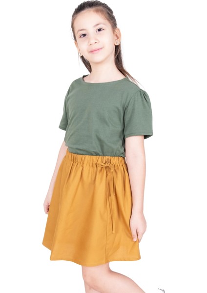 Organik Karpuz Kollu Haki Yazlık Kız Çocuk Tshirt