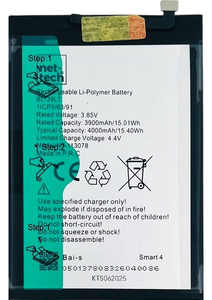 Teknonet Infinix Smart 4 Uyumlu Nettech BL-39LT 4000 Mah Batarya