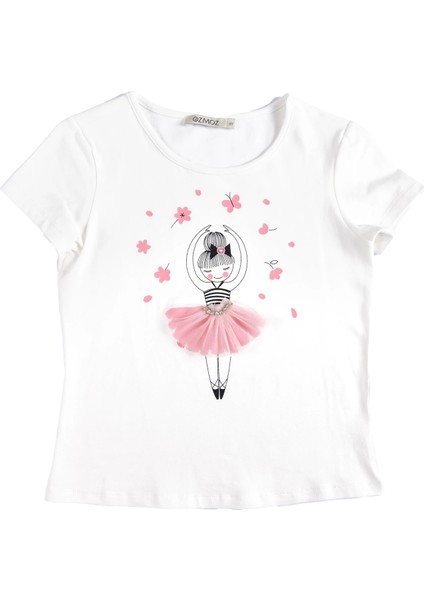 Balerin Baskılı Taşlı Tül Süslemeli Beyaz Yazlık Kız Çocuk Tshirt