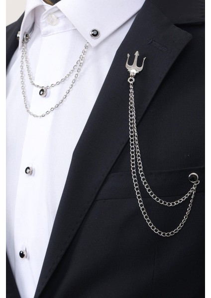 Gümüş Renk Poseidon Kılıcı Ceket Yaka Broşu & Taşlı Gömlek Yaka Set