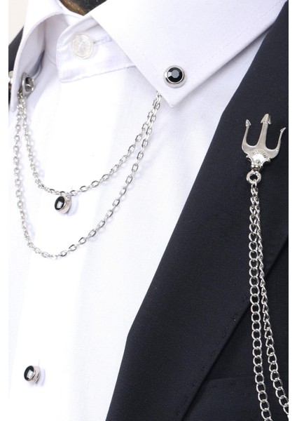 Gümüş Renk Poseidon Kılıcı Ceket Yaka Broşu & Taşlı Gömlek Yaka Set fiyatları