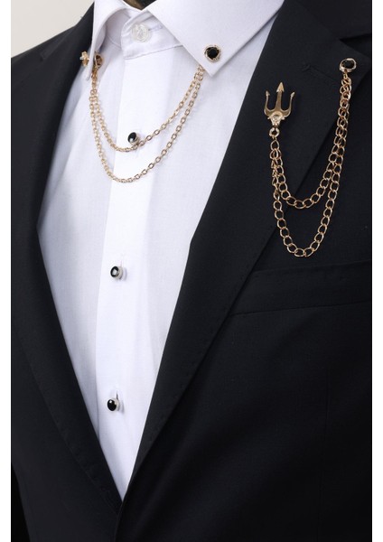 Gold Renk Poseidon Kılıcı Ceket Yaka Broşu & Taşlı Gömlek Yaka Set