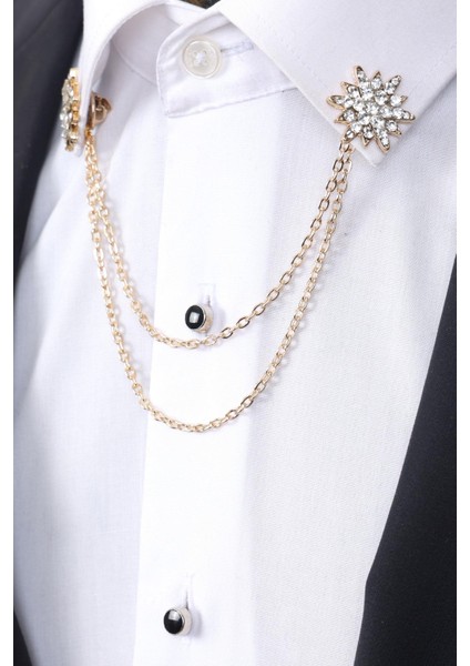 Gold Renk Beyaz Taşlı Zincirli Gömlek Yaka Broşu