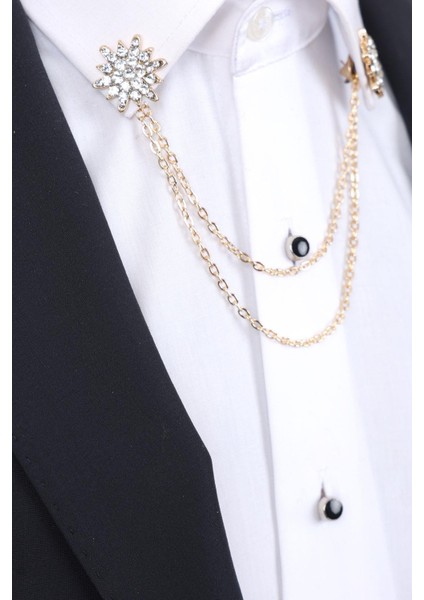 Gold Renk Beyaz Taşlı Zincirli Gömlek Yaka Broşu modelleri