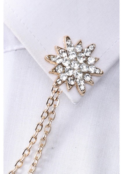 Gold Renk Beyaz Taşlı Zincirli Gömlek Yaka Broşu fırsatları