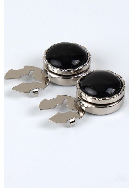 Gümüş Siyah Taşlı Geçme Klipsli Kol Düğmesi - M1122