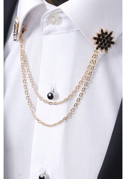 Gold Renk Siyah Taşlı Zincirli Gömlek Yaka Broşu