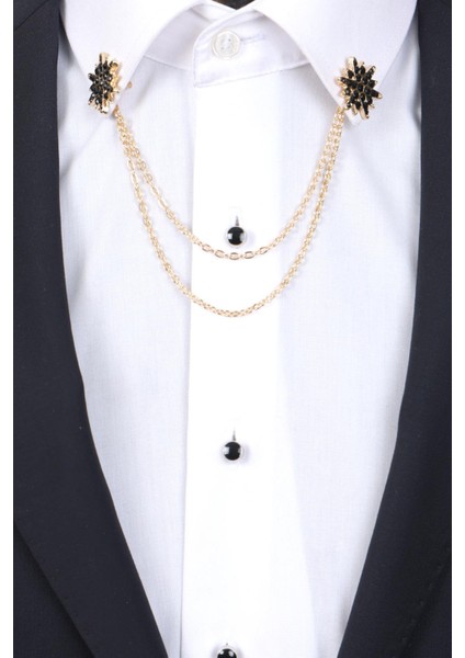 Gold Renk Siyah Taşlı Zincirli Gömlek Yaka Broşu fiyatları