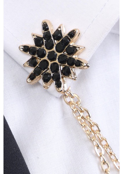 Gold Renk Siyah Taşlı Zincirli Gömlek Yaka Broşu fırsatları