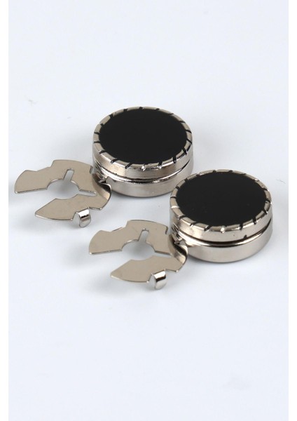 Gümüş Siyah Geçme Klipsli Kol Düğmesi - M1118