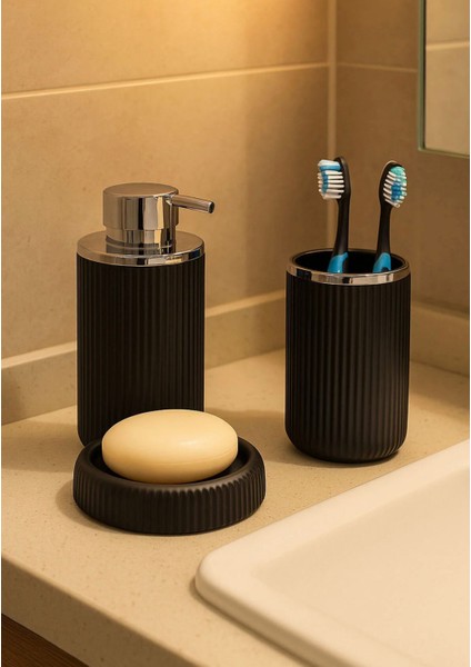 Siyah Lisbone 3'lü Banyo Seti Sıvı Sabunluk 400ML - Diş Fırçalık 425ML - Sabunluk