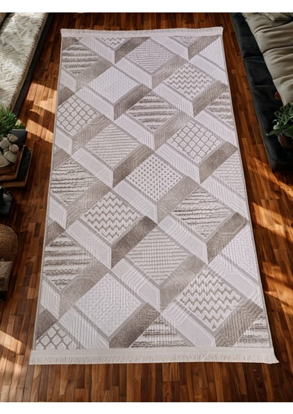 Dinar Motif Bej Kahverengi Kaymaz Taban Kesme Yolluk Halı Modern Desen modelleri