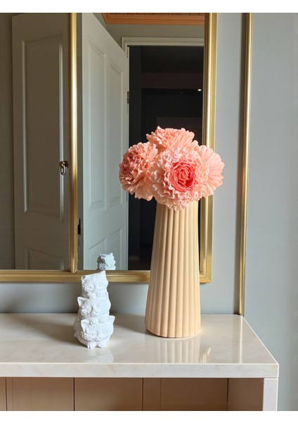 Modern Dekoratif Beton Vazo ve 5’li Yapay Krizantem Çiçek Seti + Kedi Biblo, Şık Ev ve Ofis Dekoru