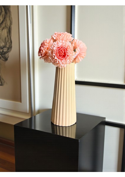 Modern Dekoratif Beton Vazo ve 5’li Yapay Krizantem Çiçek Seti + Kedi Biblo, Şık Ev ve Ofis Dekoru