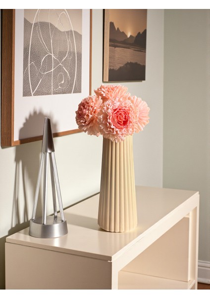 Modern Dekoratif Beton Vazo ve 5’li Yapay Krizantem Çiçek Seti + Kedi Biblo, Şık Ev ve Ofis Dekoru