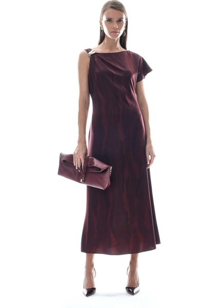 Desenli Saten Asimetrik Şık Kloş Elbise