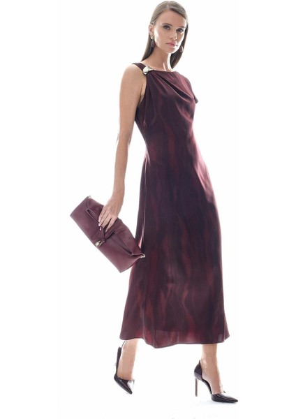 Desenli Saten Asimetrik Şık Kloş Elbise indirimleri