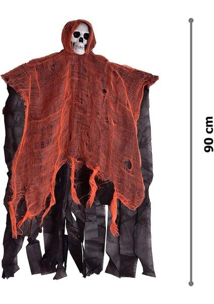 LED Işıklı Kahkaha Atan Sesli Sensörlü Ürpertici Kuru Kafa Korku Hayalet Saçaklı Dekor 90X