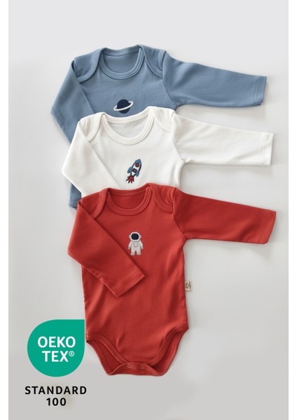 Space 3lü %100 Pamuk Nakışlı Uzun Kol Bebek Body Set
