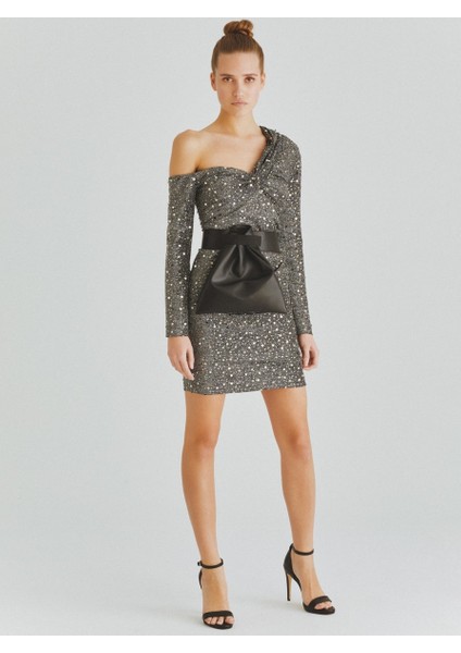 Omuz Detaylı Parlak Mini Elbise Silver K2011355_126
