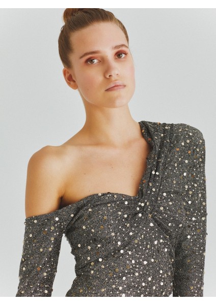 Omuz Detaylı Parlak Mini Elbise Silver K2011355_126 modelleri