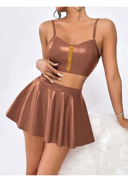 Kahverengi Etekli Fantezi Deri Şık Elbise