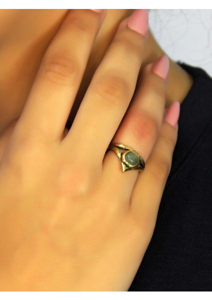 Doğal Taş Yeşil Akik Doğal Taşlı Antik Model Kadın Ayarlanabillir Yüzük EUY72YA