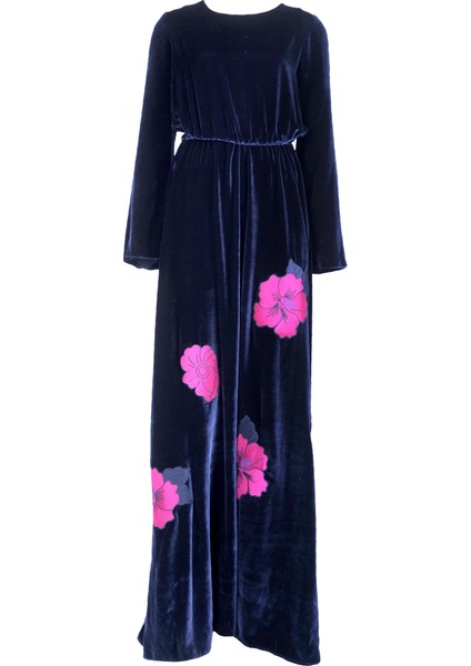 Çiçek Aplikeli Uzun Uzun Elbise Lacivert K1711199_015