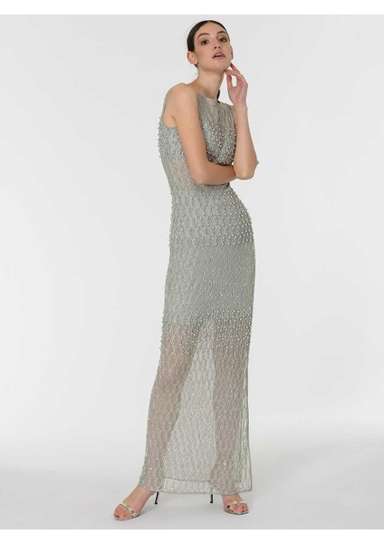 İşlemeli Transparan Uzun Gece Elbisesi Gümüş Y1961101_078