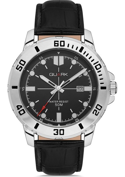 QM-VD01L-1E Metal Kasa Deri Kordon Takvimli Erkek Kol Saati