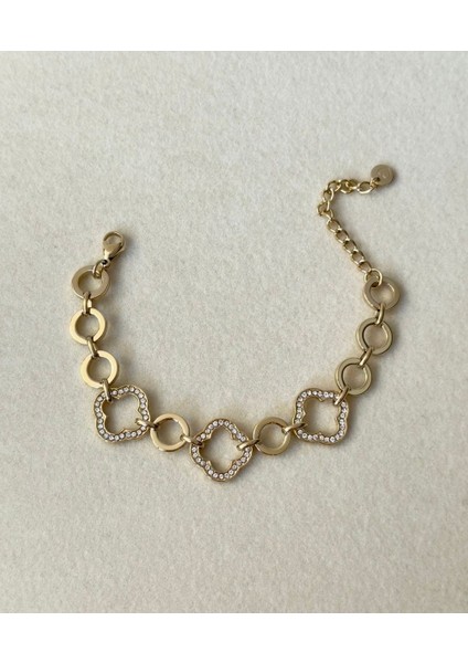 Çelik 14K Kaplama Yonca Taşlı Bileklik