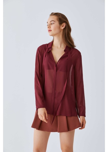 Transparan İpek Bluz Bordo K2013122_008