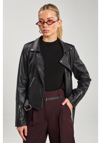 Kadın Kruvaze Yaka Suni Deri Mont - Siyah