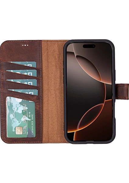 Apple iPhone 16 Pro Uyumlu, Hakiki Deri, El Yapımı, Cüzdanlı Kılıf, Antik Kahve fiyatları