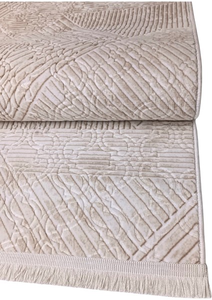 Krem Bej Renk Saçaklı Kaymaz Tabanlı Kesme Kabartmalı Salon Koridor Mutfak Halısı