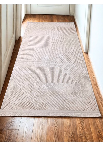Krem Bej Renk Saçaklı Kaymaz Tabanlı Kesme Kabartmalı Salon Koridor Mutfak Halısı modelleri