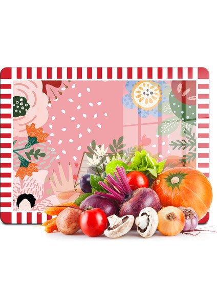 Cam Kesme Tahtası ve Sunumluk Karışık Renkli Love Desenli 30X40 cm